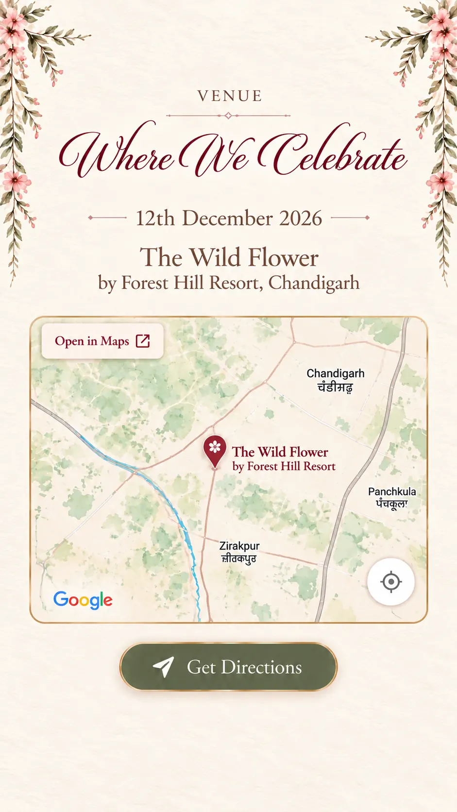 Where we celebrate — 12th December 2026, The Wild Flower by Forest Hill Resort, Chandigarh. Get directions